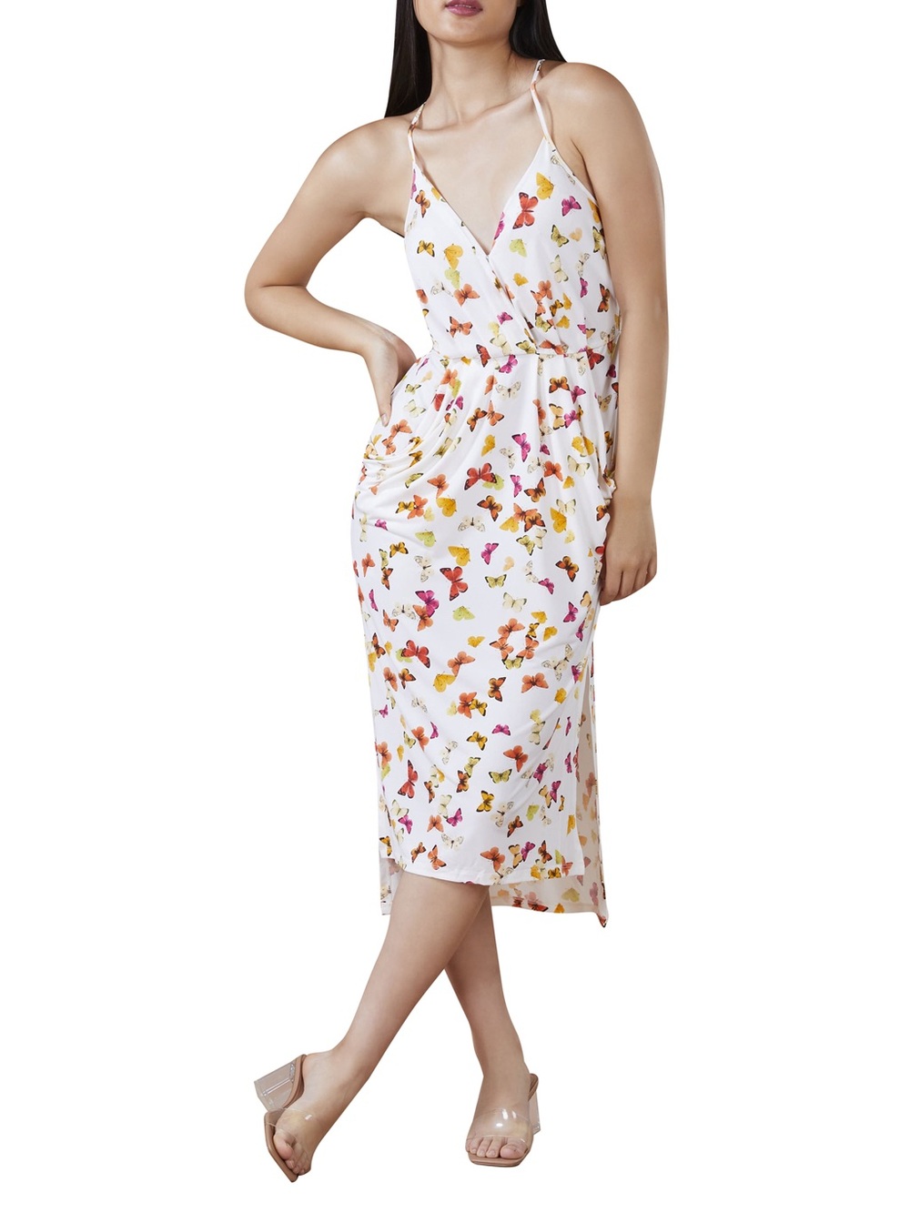 BCBGeneration White Butterfly-Print Wrap Midi Dress